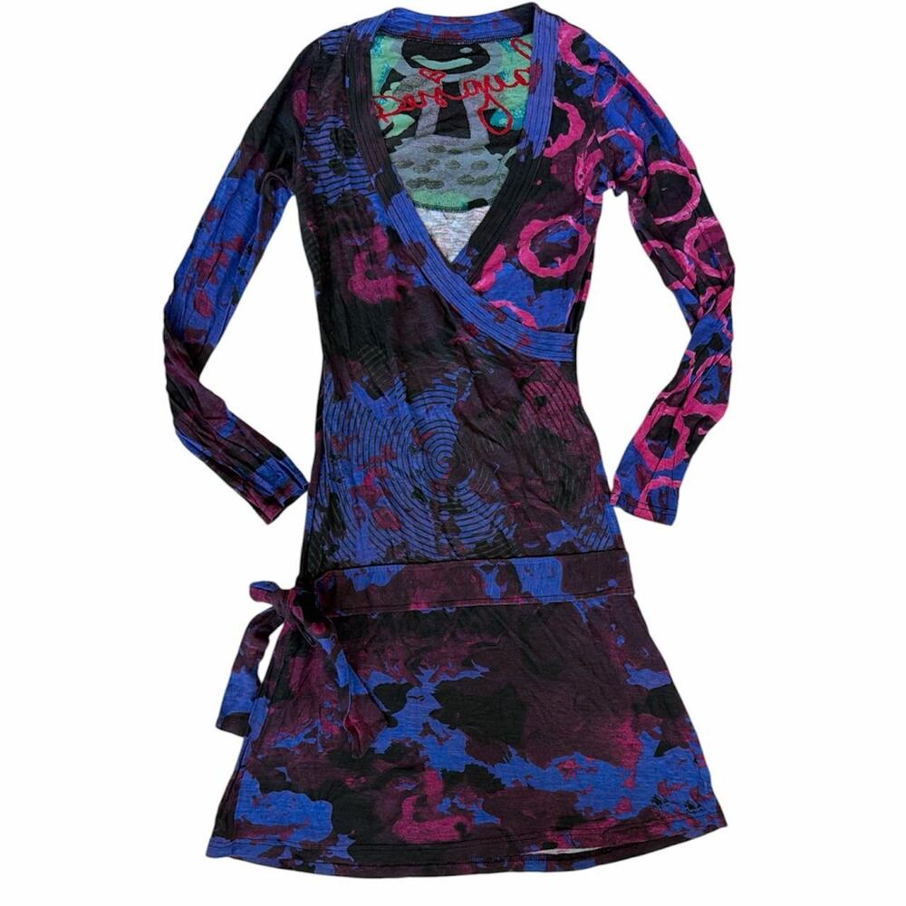 Desigual euro Y2K abstract swirl print wrap dress with drop waist
